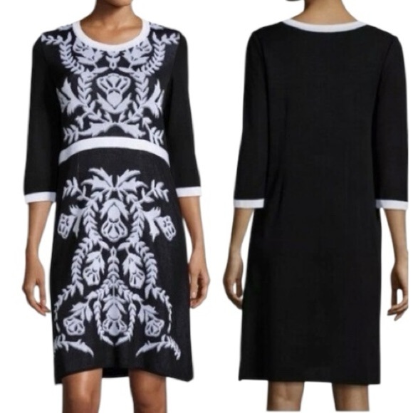 Misook Black & White Knit Dress Medium Embroidered Floral Pattern Work Elegant - Picture 6 of 12
